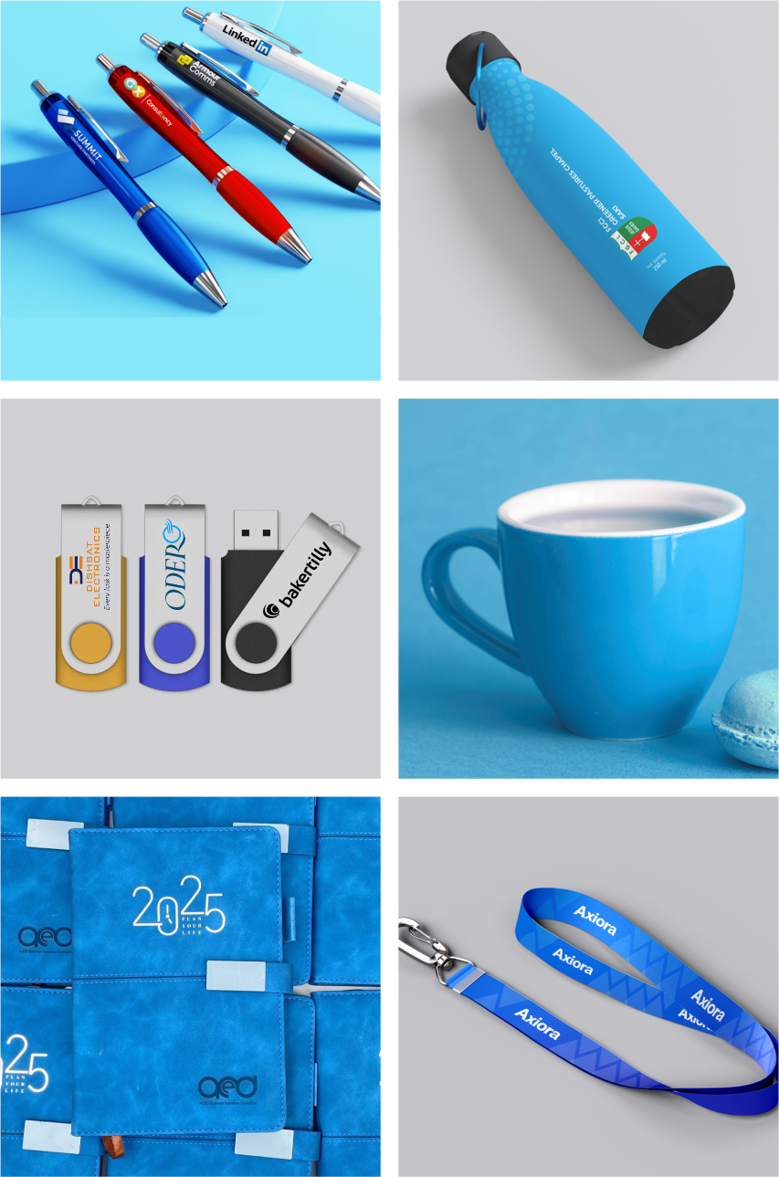 A collage of branded corporate gifts